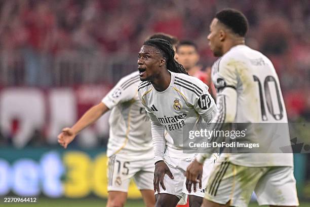 Munich, Germany Eduardo Camavinga of Real Madrid gestures looks dejected during the UEFA Champions League 2025/26 Quarter-Final Second Leg match...