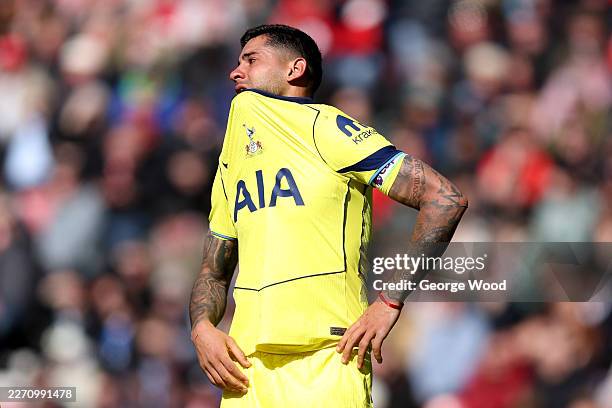 Cristian Romero of Tottenham Hotspur reacts during the Premier League match between Sunderland and Tottenham Hotspur at Stadium of Light on April 12,...