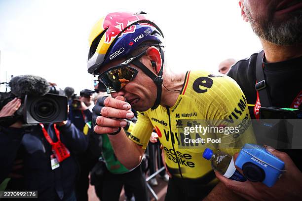 Race winner Wout van Aert of Belgium and Team Visma | Lease a Bike reacts after the 123rd Paris-Roubaix Hauts-de-France 2026 - Men's Elite a 258.3km...