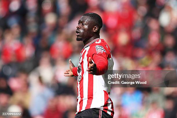 Brian Brobbey of Sunderland reacts after going down during the Premier League match between Sunderland and Tottenham Hotspur at Stadium of Light on...