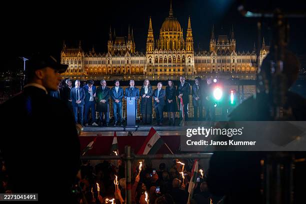 Peter Magyar , lead candidate of the Tisza party, speaks to supporters after polling stations closed during Hungarian parliamentary elections on...