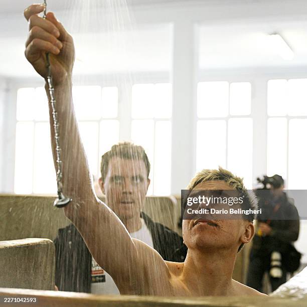 Tadej Pogacar of Slovenia and UAE Team Emirates - XRG takes a shower in the famous Paris-Roubaix showers after the 123rd Paris-Roubaix...
