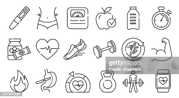 ilustraciones, imágenes clip art, dibujos animados e iconos de stock de pérdida de peso y ejercicio, fitness, línea delgada conjunto de iconos - stroke editable - barra de cereal