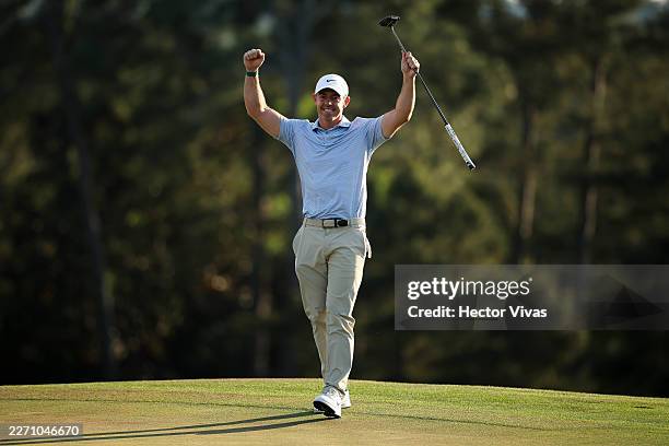 Rory McIlroy of Northern Ireland reacts on the 18th green during the final round of the 2026 Masters Tournament at Augusta National Golf Club on...