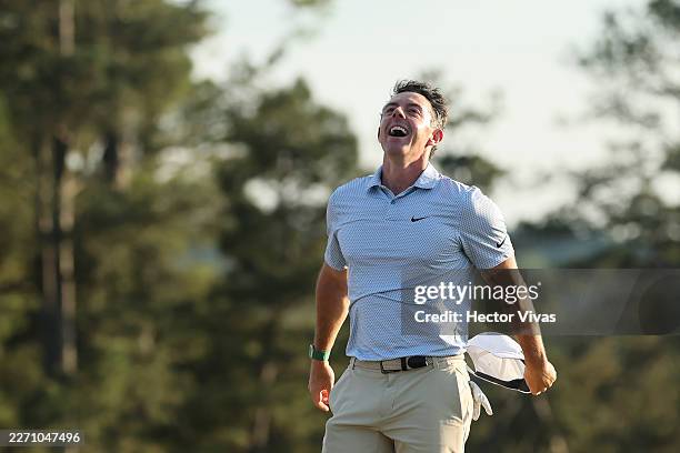 Rory McIlroy of Northern Ireland celebrates winning the 2026 Masters Tournament on the 18th green at Augusta National Golf Club on April 12, 2026 in...