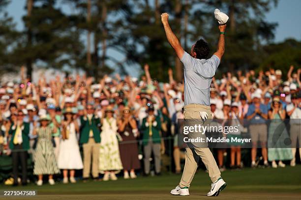 Rory McIlroy of Northern Ireland celebrates winning the 2026 Masters Tournament on the 18th green at Augusta National Golf Club on April 12, 2026 in...