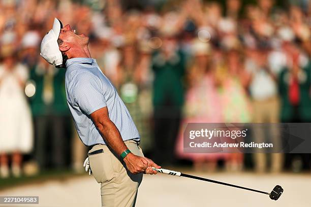 Rory McIlroy of Northern Ireland celebrates winning the 2026 Masters Tournament on the 18th green at Augusta National Golf Club on April 12, 2026 in...