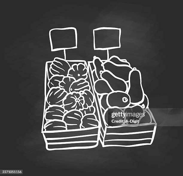 squash grocery baskets blackboard - vegetable crates stock illustrations