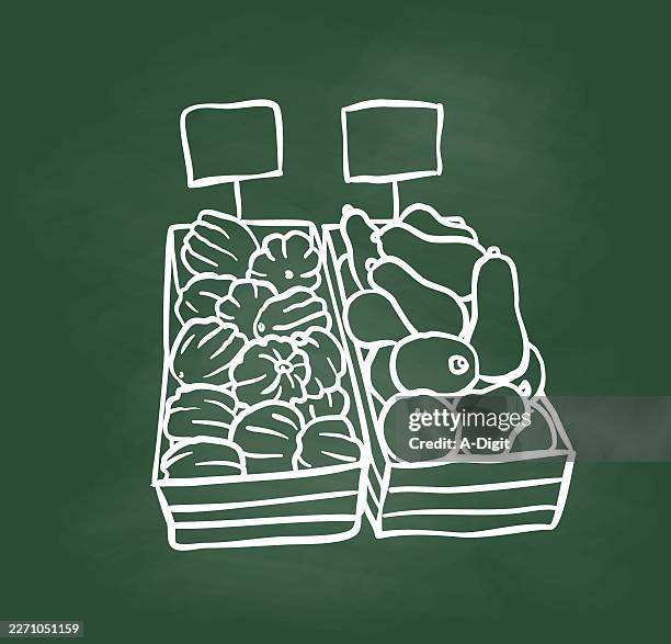 squash grocery baskets chalkboard - vegetable crates stock illustrations