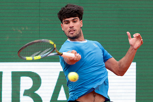 Carlos Alcaraz of Spain against Jannik Sinner of Italy in the Men's Final on day 8 of the Rolex Monte-Carlo Masters 2026, an ATP Masters 1000 at...