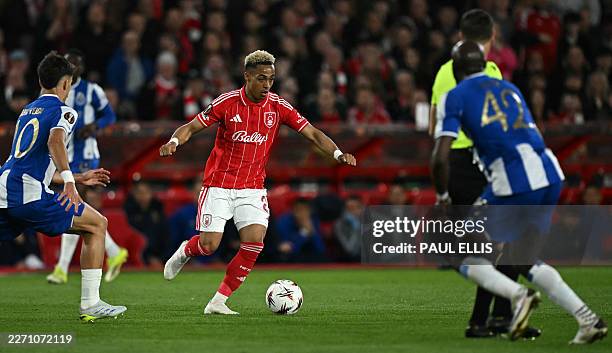Nottingham Forest's English midfielder Omari Hutchinson runs with the ball during the UEFA Europa League quarter final second-leg football match...