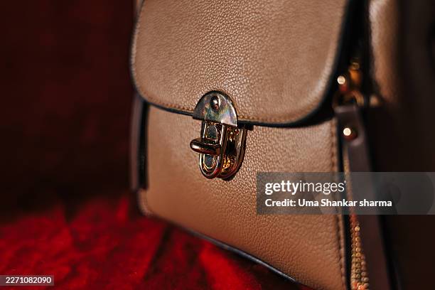 close-up of gold clasp on luxury leather handbag - leather purse stock pictures, royalty-free photos & images