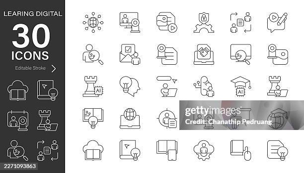 learning digital skills line vector icon set. pixel perfect. editable stroke. stock illustration. icon symbol, innovation, analysis, success - learning computer skills stock illustrations