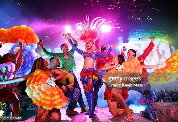 Karol G performs at the Coachella Stage during the 2026 Coachella Valley Music and Arts Festival at Empire Polo Club on April 12, 2026 in Indio,...