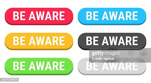 be aware - colorful 3d click web buttons on blank background - learn more button stock illustrations