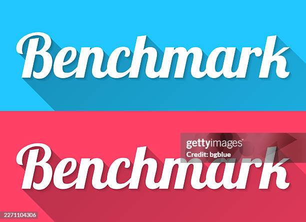 benchmark - flat design with long shadow on blue and red background - yard stick stock illustrations