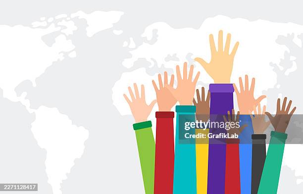 diverse arms and hands raised in front of global map - student asking question stock illustrations