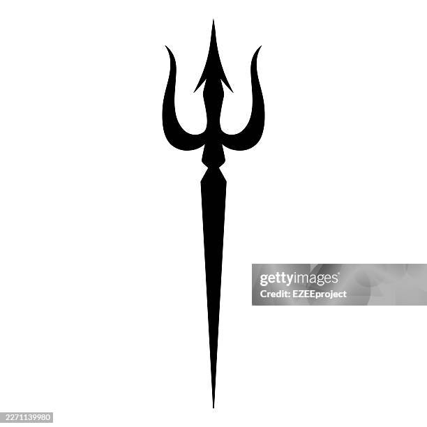 black trident spear silhouette icon. minimalist greek mythology weapon. sharp trident symbol for nautical or mythological design. stylized trident silhouette for logo and tattoo design - arrowhead spear stock illustrations