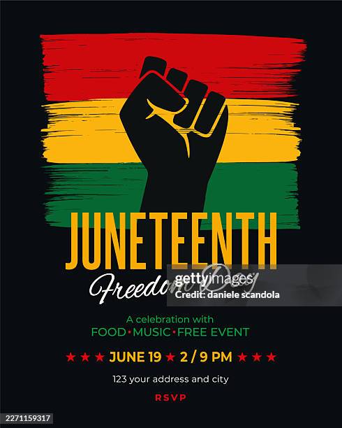 juneteenth party invitation with raised fist. juneteenth independence day. - emancipation day stock illustrations