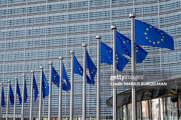 Several European flags seen at the Berlaymont building, the building of the European Commission Brussels, Friday 17 April 2026. BELGA PHOTO MARIUS...