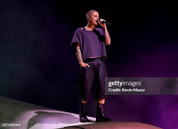 Justin Bieber performs at the Coachella Stage during the 2026 Coachella Valley Music and Arts Festival at Empire Polo Club on April 11, 2026 in...