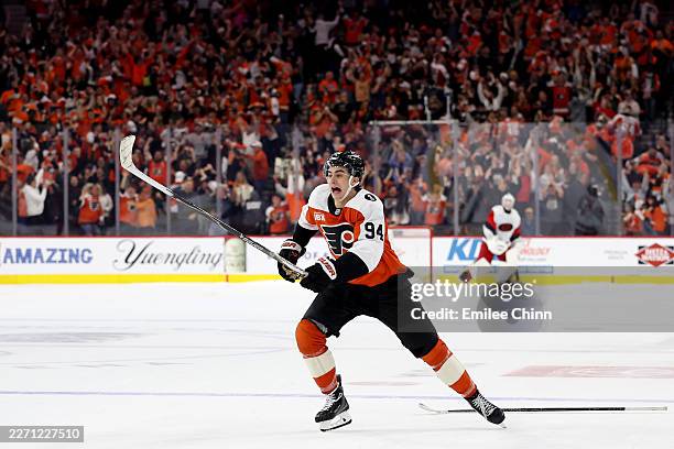 Porter Martone of the Philadelphia Flyers celebrates after a shootout win to clinch a playoff spot against the Carolina Hurricanes at Xfinity Mobile...