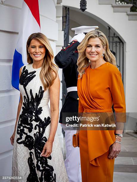First Lady Melanie Trump and Queen Maxima of the Netherlands at the White House for a dinner with the Dutch royal couple during their visit to...