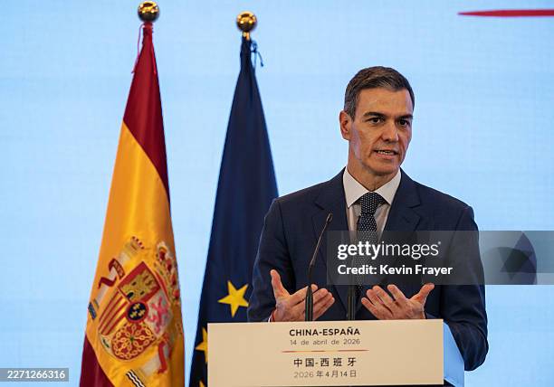 Spanish Prime Minster Pedro Sanchez speaks at a news conference after his meeting with Chinese President Xi Jinping, on April 14, 2026 in Beijing,...