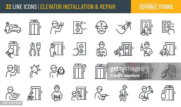 ilustraciones, imágenes clip art, dibujos animados e iconos de stock de instalación y reparación de iconos de línea delgada de ascensor - trazo editable - instalar