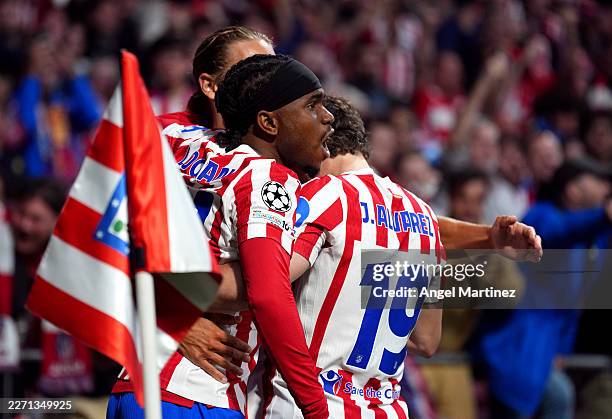 Ademola Lookman of Atletico de Madrid celebrates scoring his team's first goal with teammates during the UEFA Champions League 2025/26 Quarter-Final...