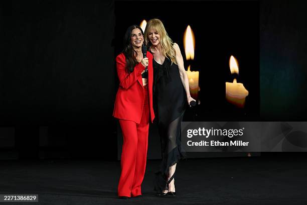 Sandra Bullock and Nicole Kidman promote the upcoming film "Practical Magic 2" at the Warner Bros. Pictures presentation at The Dolby Colosseum at...