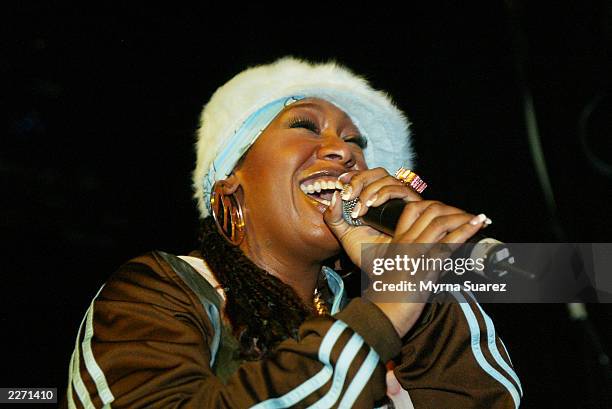 Missy Elliott performs at the DKNY presents the Vanity Fair "In Concert" series a tribute to Aaliyah in New York on October 22, 2002. Photo by Myrna...