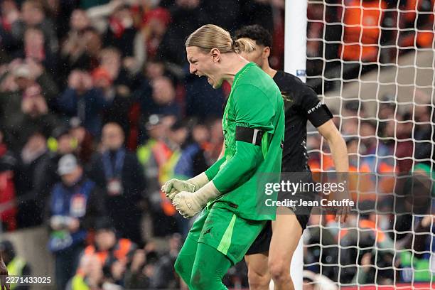 Goalkeeper Matvey Safonov celebrates a save during the UEFA Champions League 2025/26 Quarter-Final Second Leg match between Liverpool FC and Paris...