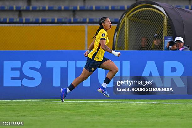 Ecuador's forward Nayely Bolanos celebrates scoring her team's first goal during the CONMEBOL Nations League Women football match between Ecuador and...