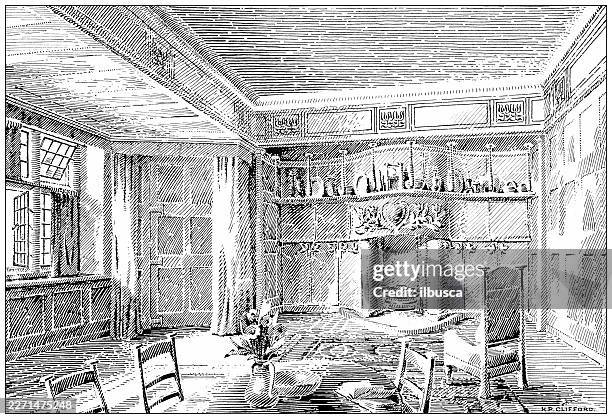 cliff towers, fireplace, by c harrison townsend, architect - indoor dining stock illustrations