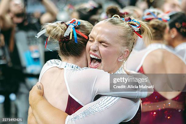 Hannah Scheible of the University of Oklahoma celebrates during the NCAA Women's Gymnastics Championship at Dickies Arena on April 18, 2026 in Fort...