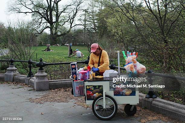Food vendor prepares fruits in Prospect Park on April 15, 2026 in the Prospect Park South neighborhood of the Brooklyn borough in New York City....