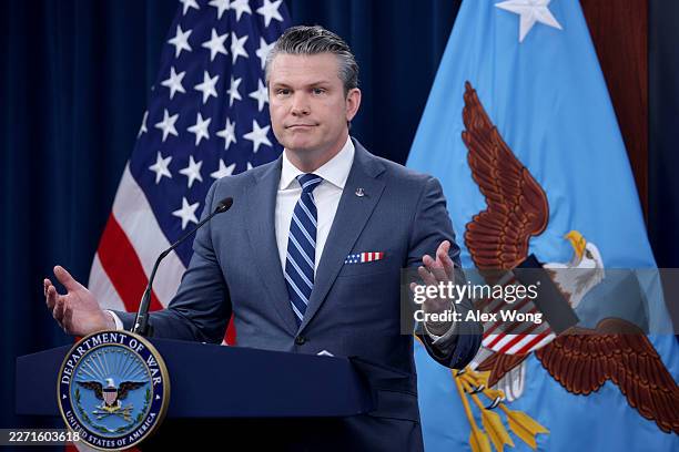Secretary of War Pete Hegseth speaks during a press briefing at the Pentagon on April 16, 2026 in Arlington, Virginia. Hegseth addressed the war...