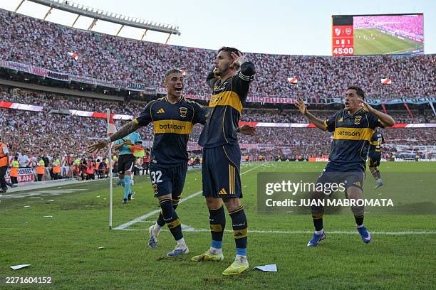 Boca Juniors' midfielder Leandro Paredes celebrates scoring the opening goal during the Argentine Professional Football League 2026 Apertura...