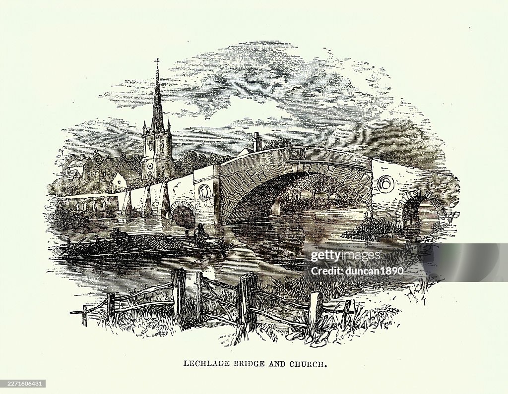 Barge auf der Themse, unter einer Brücke bei Lechlade in Gloucestershire, England, viktorianische Illustration aus dem 19. Jahrhundert 1857