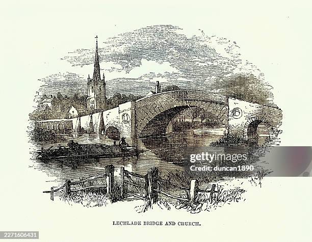 barge on the river thames, passing under bridge at lechlade in gloucestershire, england, victorian 19th century vintage illustration 1857 - ship under bridge stock illustrations