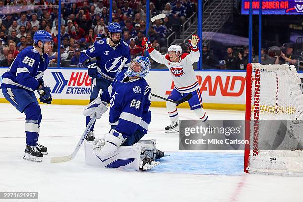 Andrei Vasilevskiy of the Tampa Bay Lightning reacts after giving up a goal to Juraj Slafkovsky of the Montréal Canadiens in the third period of Game...