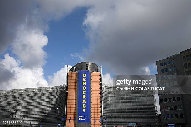 This photograph shows an outside view of the Berlaymont building, headquarters of the European Commission, in Brussels on April 20, 2026.