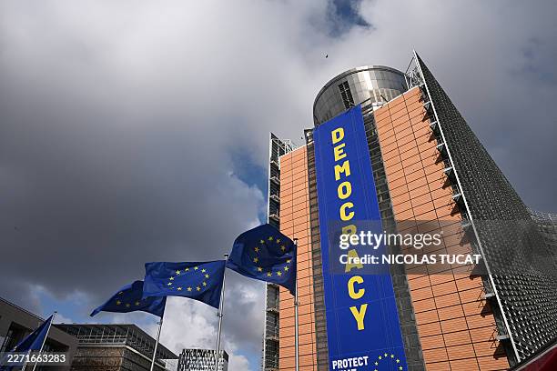 This photograph shows an outside view of the Berlaymont building, headquarters of the European Commission, in Brussels on April 20, 2026.