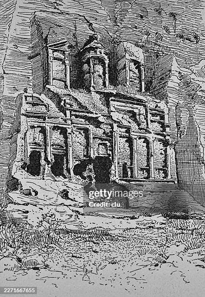rock-cut tomb façade in petra with weathered columns and eroded ornamentation — half in shadow, the structure appears as a quiet remnant of former grandeur - jordan stock illustrations