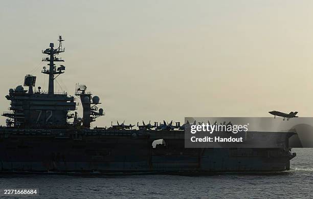Abraham Lincoln conducts U.S. Blockade operations related to the Strait of Hormuz on April 16, 2026 in the Arabian Sea. The ship's embarked carrier...