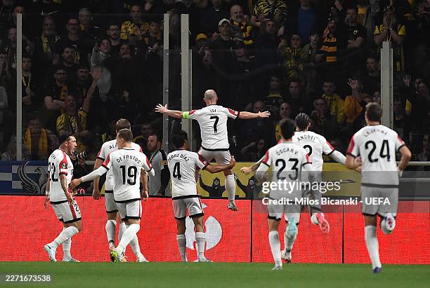 Isi Palazon of Rayo Vallecano celebrates scoring his team's first goal during the UEFA Conference League 2025/26 Quarter-Final Leg Two match between...
