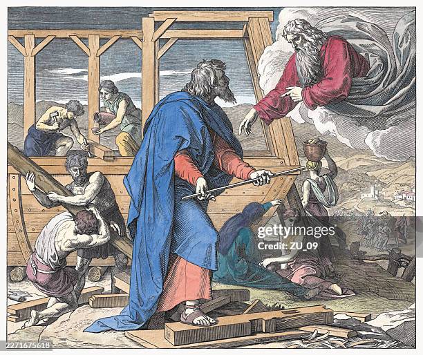 noah building the ark (genesis 6:13-18), hand-colored woodcut, published 1860 - ark stock illustrations