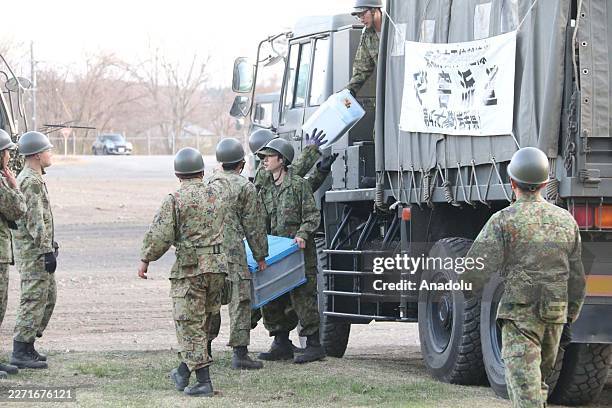 Soldiers stationed at the Iwate Garrison, part of the Japanese Army, are making preparations following a tsunami alert in Iwate, Japan on April 20,...