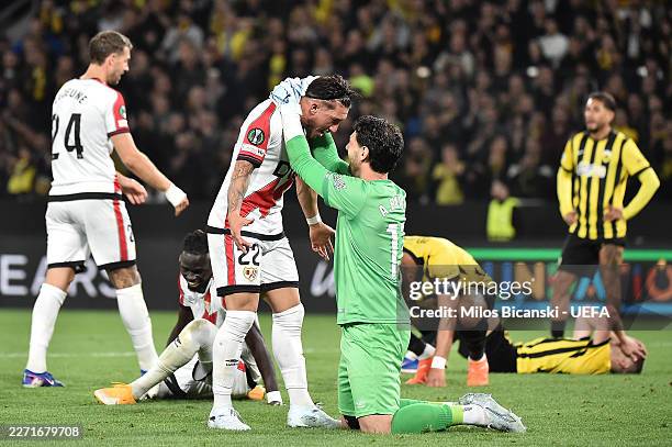 Alfonso Espino of Rayo Vallecano celebrates with teammate Augusto Batalla following victory during the UEFA Conference League 2025/26 Quarter-Final...